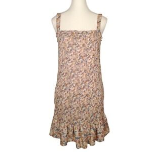 NWOT SHEIN Smocked Floral Square Neck Dress Ruffle Hem Midi Tan Multi Size M